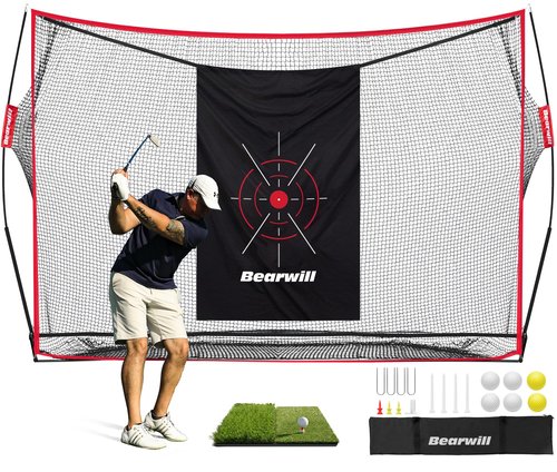 Bearwill Golf Net, 10x7ft Heavy Duty Golf Practice Nets with Mat, Target Cloth, 8 Tees, 6 Balls, Carry Bag for Backyard Driving Chipping Indoor Outdoor Training