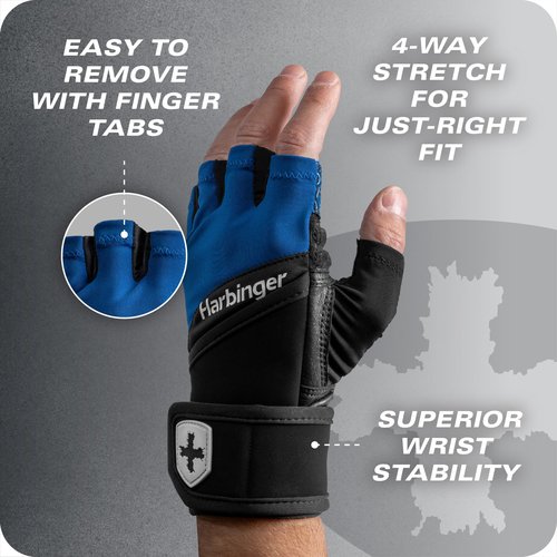 Harbinger Training Grip Wrist Wrap Gloves - Enhanced Grip & Wrist Support, Breathable Lycra Back, Padded Leather Palm, Half-Finger Design, Quick Pull Tabs, Ideal for Weightlifting, Blue, X-Large