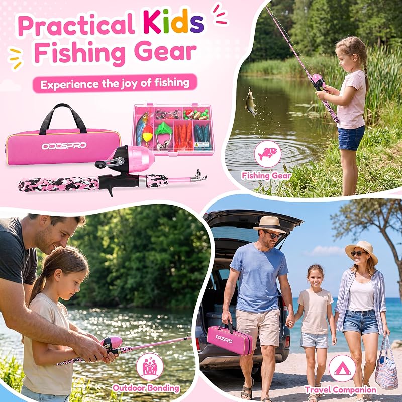 ODDSPRO Kids Telescopic Fishing Pole & Spincast Reel Kit - Pink, 4.92 ft Variation
