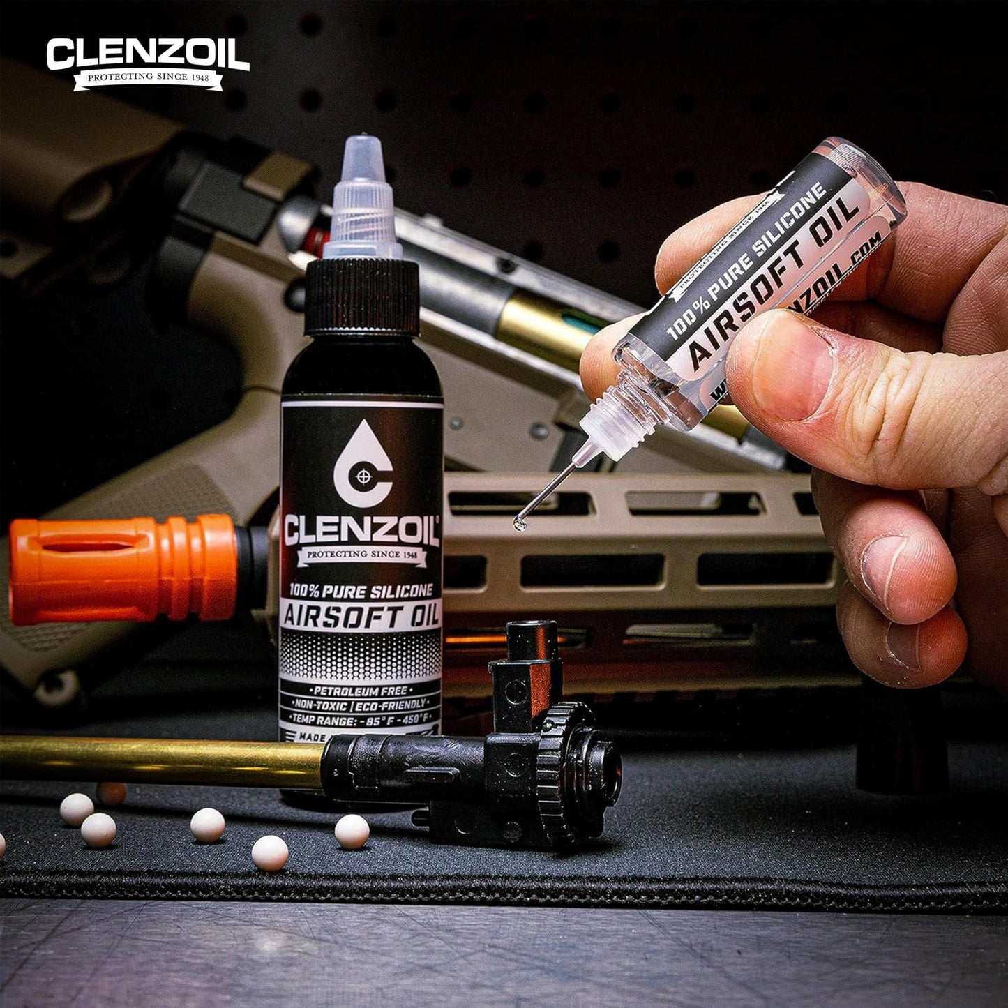 Clenzoil Airsoft & Air Gun Oil - 2 oz Combo Airsoft Oil - for Air Rifles & Airsoft Pistols - Pure Silicone Oil for Gun Lubrication - Made in The USA - 2 oz Bottle & 0.5 oz Needle Oiler Combo Pack