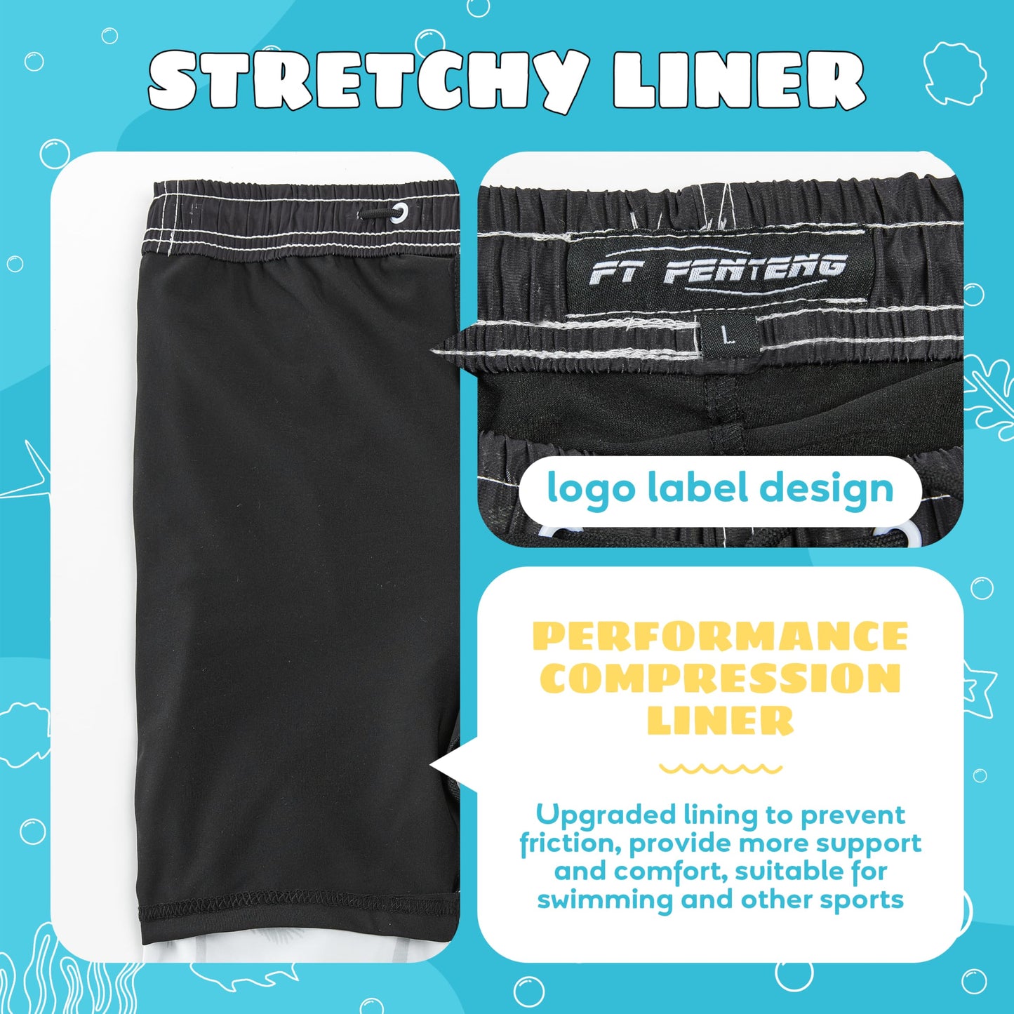 Boys Swim Trunks with Compression Liner Anti-Chafe, Boys Bathing Suit with Boxer Brief Liner, Black Palm Tree Boy Swim Shorts Swimwear, Quick Dry UPF 50+ 4 Way Stretch Boy's Board Shorts, XL