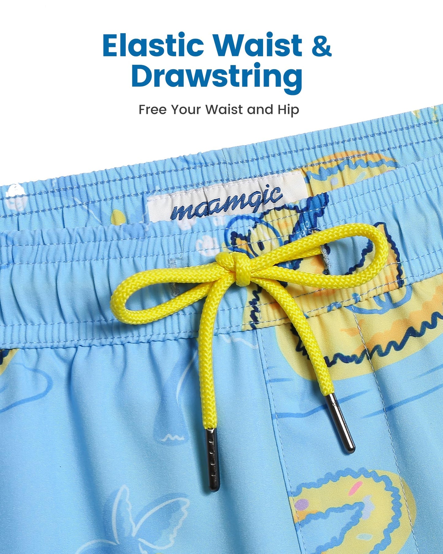 maamgic Mens Swim Trunks with Compression Liner 5 Inch, Quick Dry Bathing Suit with Zipper Pockets, Stretch No-Chafing Swim Shorts, Blue-Swimming Duck X-Large