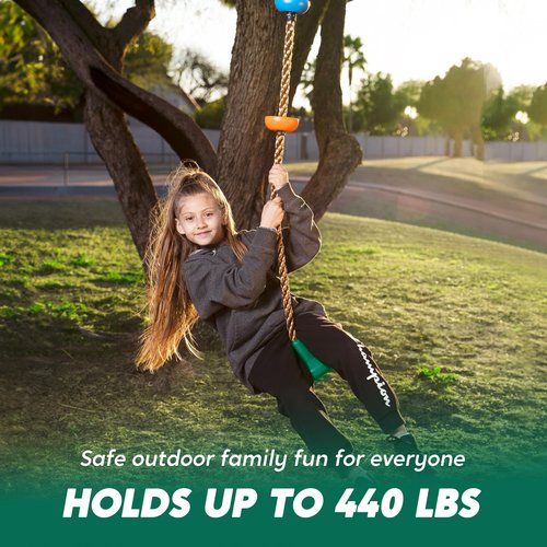 TURFEE Tree Swing for Kids - Single Disc Seat and Climbing Rope Set w/Carabiner & 4 Ft Strap - Treehouse and Outdoor Playground Accessories - Green ﻿