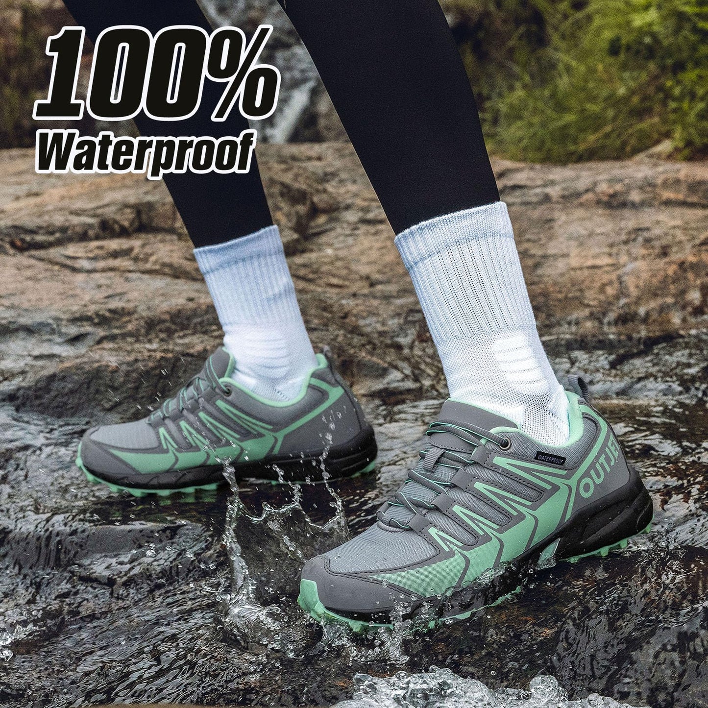 OUTJET Women's Waterproof Hiking Shoes Lightweight Non-Slip Trails Walking Shoes Outdoor Sneakers Green