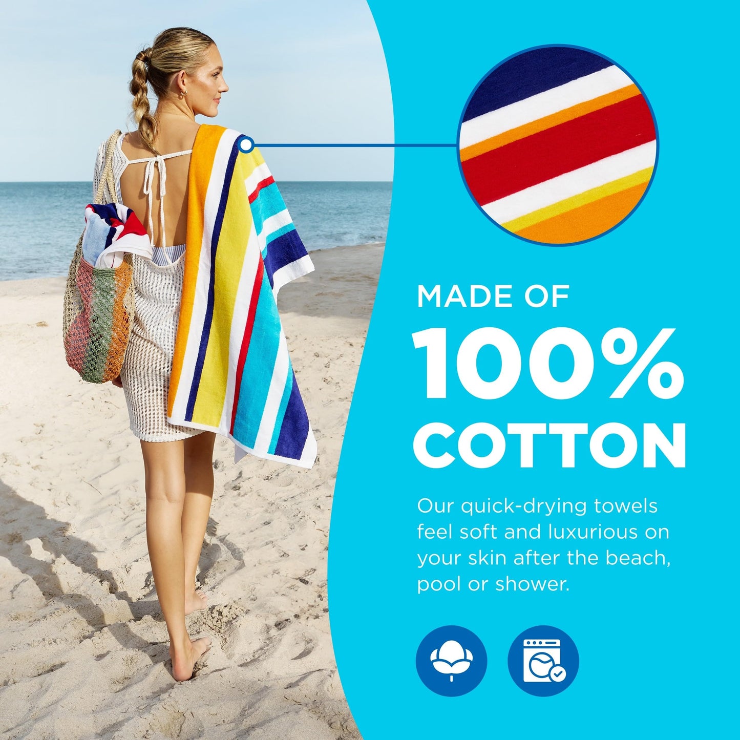 Kaufman - Joey Velour Colored Classic Multi-Color Stripe Beach & Pool Towel - Large 100% Combed Cotton Beach Towel - Soft & Absorbent Colorful Towels - 30" x 60" - 4 Pack