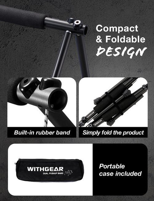 WITHGEAR Folding Push Up Bar Hawk Black | Portable Outdoor Bar & Home Workout Equipment | Duralumin Metal Dip Bar & Pushup Handles | Dip Bars for Strength Training | Lightweight Metal Bar