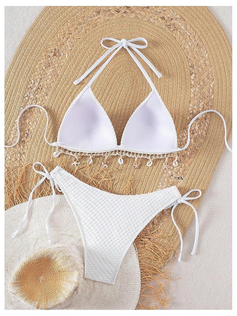 Push Up Seashell Bikini Set for Women - Textured Triangle Top & Low Waist Bottom, White, Small