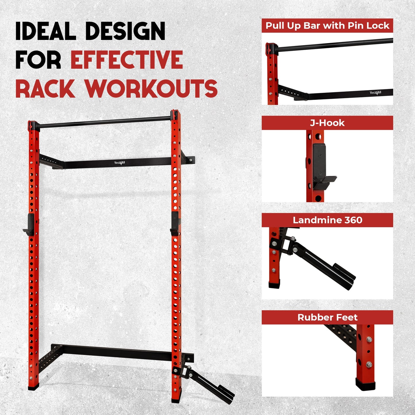 Yes4All 2" x 2" Tube with 1" Hole Space Saving Folding Wall Mounted Squat Rack for Home Gym, 1000lbs Capacity Steel Power Cage with Adjustable Pull-Up Bar, 360 Degree Landmine & Strong Steel J-Hooks