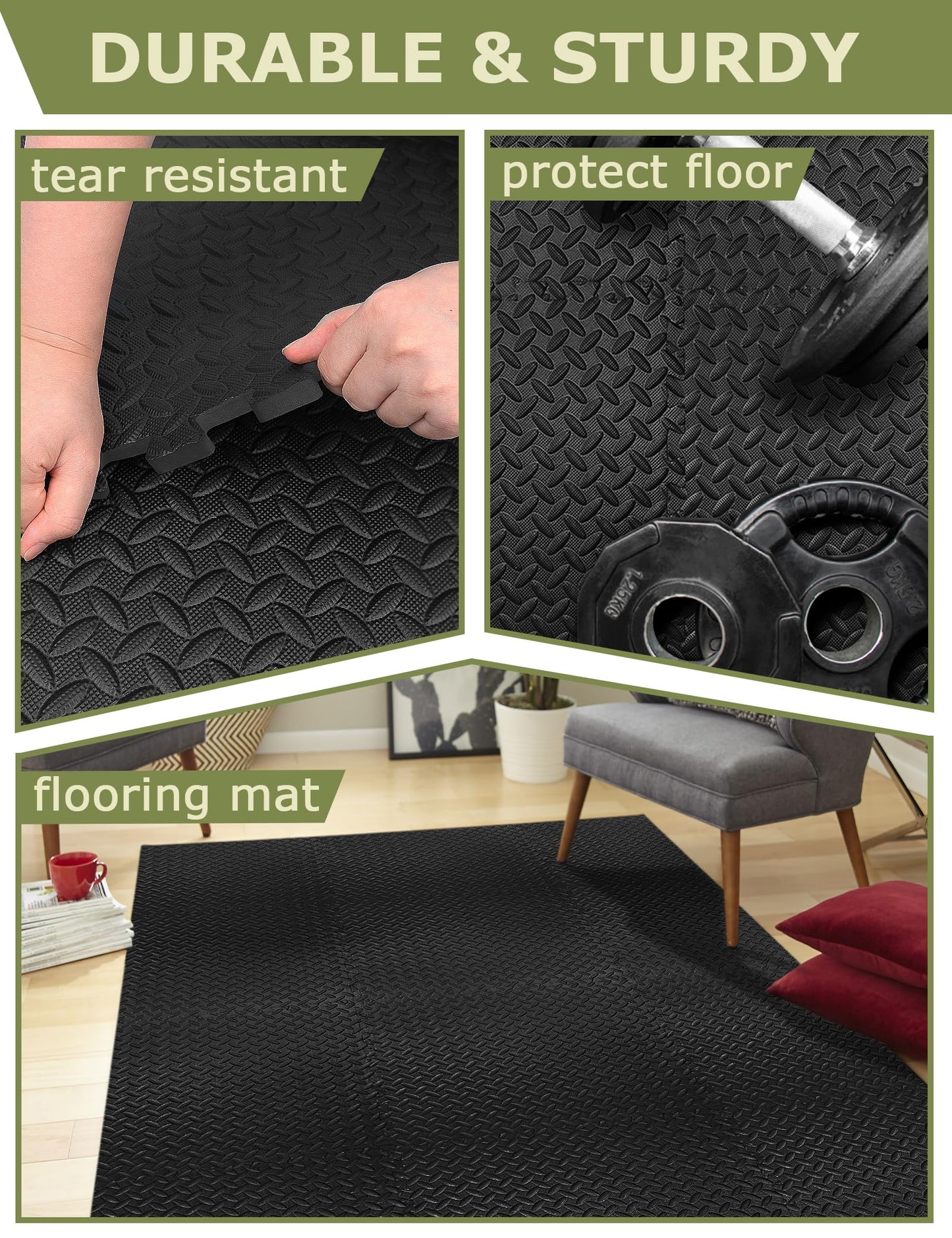innhom Gym Flooring Gym Mats Exercise Mat for Floor Workout Mat Foam Floor Tiles for Home Gym Equipment Garage, 12 Black