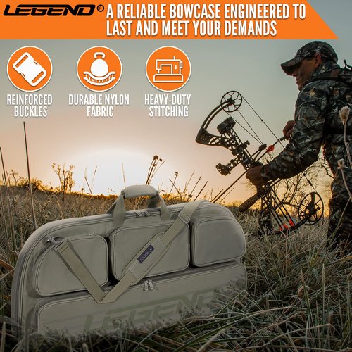 Legend Alpha Compound Bow Case - Fits MTM Ultra Compact Arrow Cases - Archery Bow Bag with Back & Shoulder Straps - With Cam Protectors, Soft Padding, & Extra Pockets 37"x16.5" Interior - Army Green