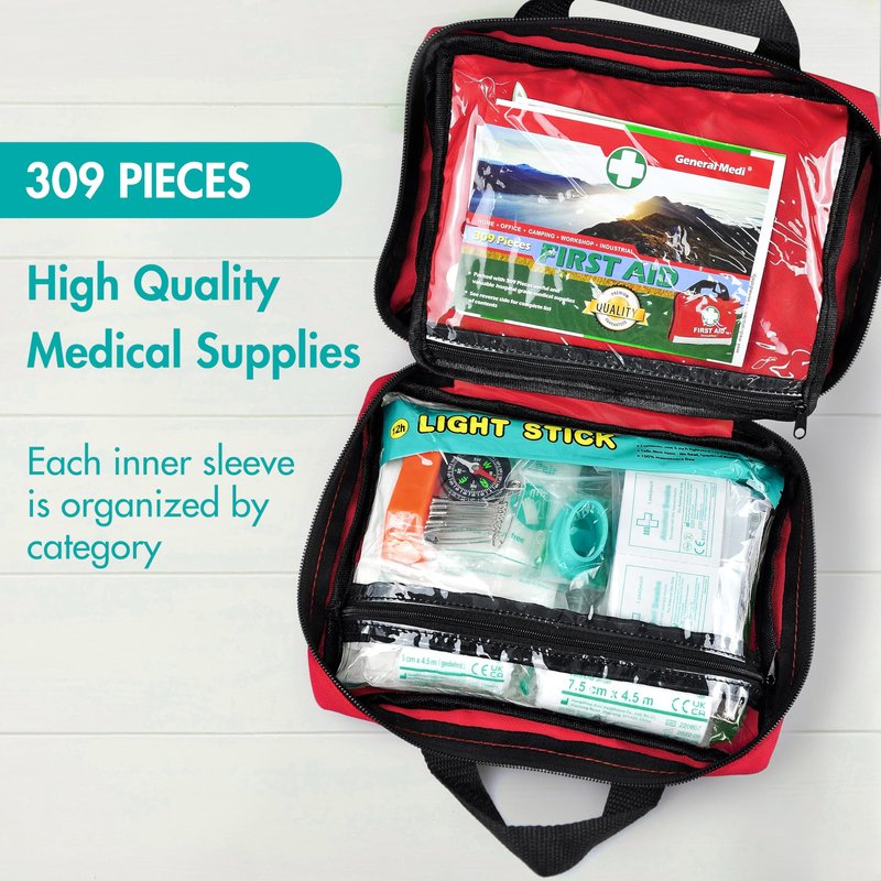 General Medi First Aid Kit -309 Pieces- Reflective Bag Design - Including Bandages, Moleskin Pad and Emergency Blanket for Travel, Home, Office, Car, Camping, Workplace