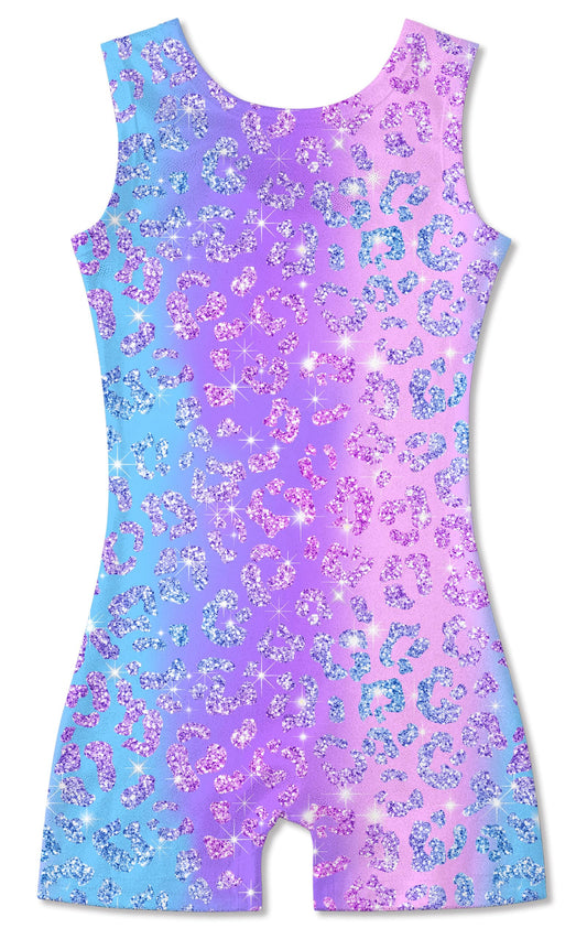Funnycokid Gymnastics Leotards for Girls Toddler Outfits Dance Unitards Clothes with Shorts, Leopard Diamond Purple, 3-4T