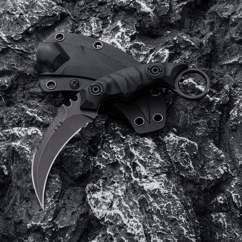 OOULORE Fixed Blade Knife, D2 Steel Blade, G10 Handle, Tactical EDC, Double Edged, Claw Knife, Utility for Outdoor Survival, Hiking, Camping with Kydex Sheath OK1212 (Black/Black)