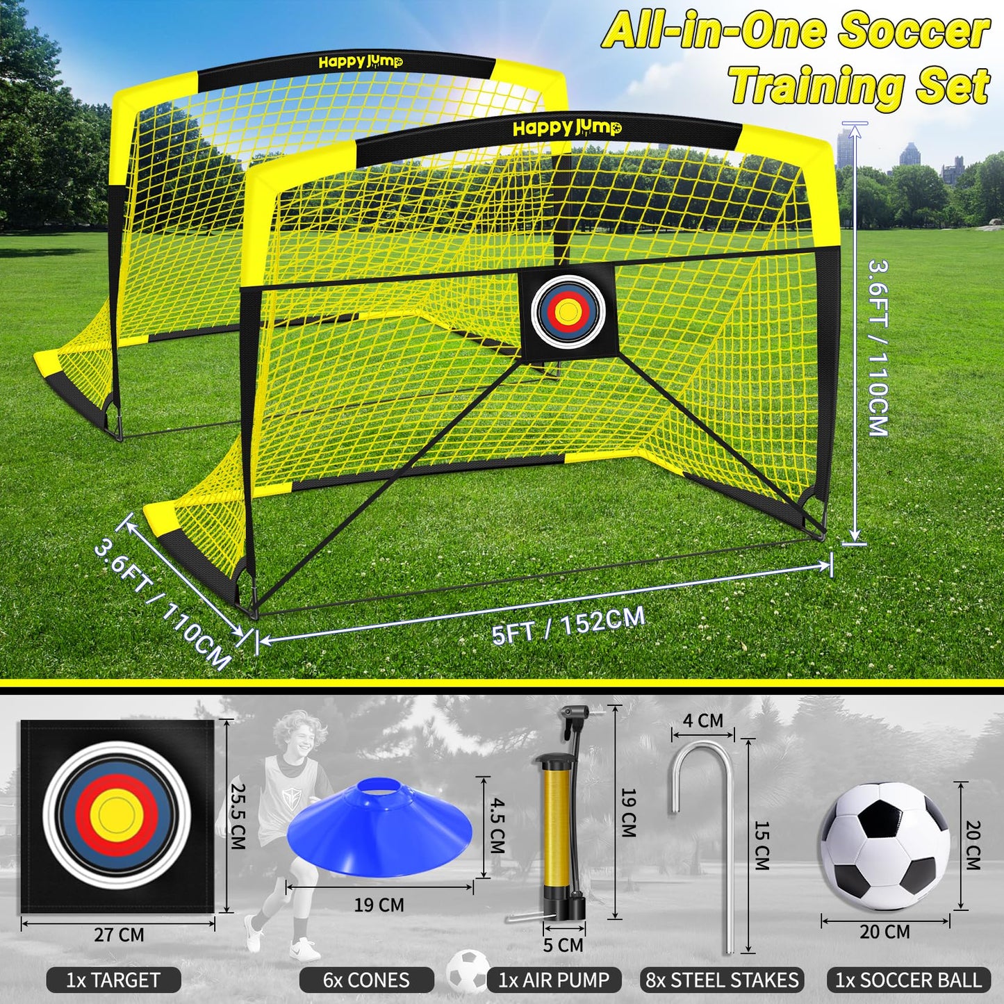 Happy Jump Soccer Goal Pop Up Foldable Soccer Net for Backyard, 2 Set (5X3.6 FT, 2 Set)