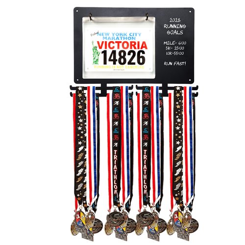 MedalAwardsRack Race Bib and Medal Display for Track, Marathons, Triathlons, Races, and More – Holds up to 28 Medal and 20 Race Bib (Chalk Board Hanger)