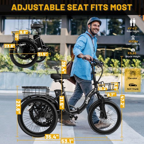 Qlife Triker Electric Bike, Peak 750W Brushless Motor Folding Trike Ebike, 468Wh Removable Battery, Step-Thru 3 Wheel Electric Bicycle, Up to 50 Miles, 20 Tire Tricycle for Adults Black