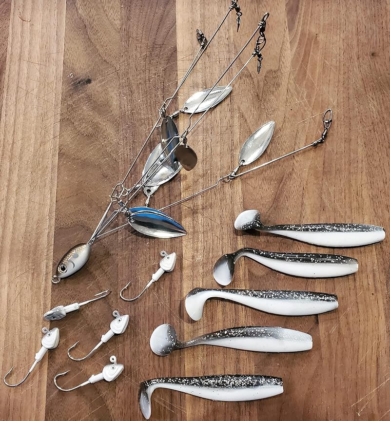Umbrella Rig Bass Lure Set - 5 Arms, 8 Willow Blades, 5 Swim Baits & 5 Jig Heads