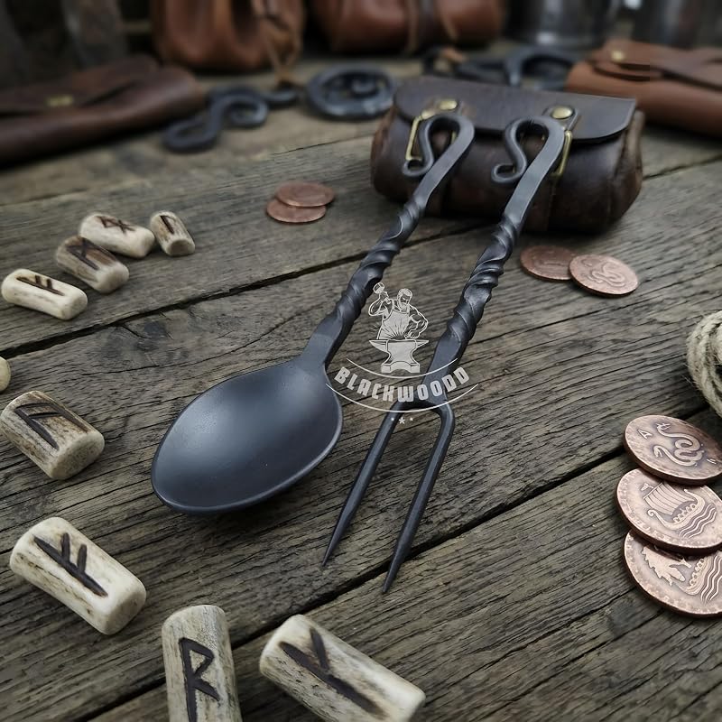 Hand Forged Viking Cutlery Set with Leather Pouch - Black Variation