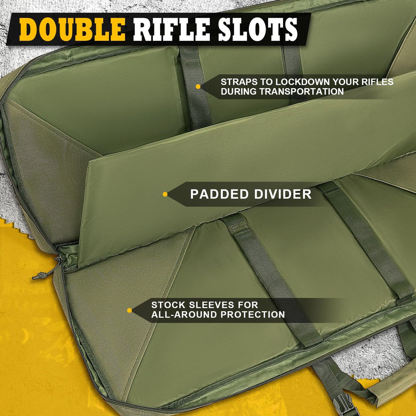 DULCE DOM Double Rifle Case, Soft Tactical Backpack for Hunting Shooting Range, Dual Storage Gun Bag for 2 Rifles & Pistols with Lockable Zippers & MOLLE System(Green, 42", Stowaway Backpack Straps)