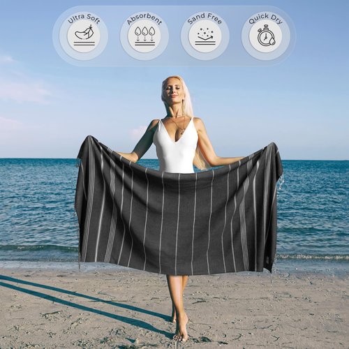 Ossano Oversized Turkish Beach Towel - Sand Free & Quick Dry (39” x 71”), Decorative, Versatile, and Functional. Great as a Pool Towel, Yoga Mat, Picnic Blanket - Anthracite Gray