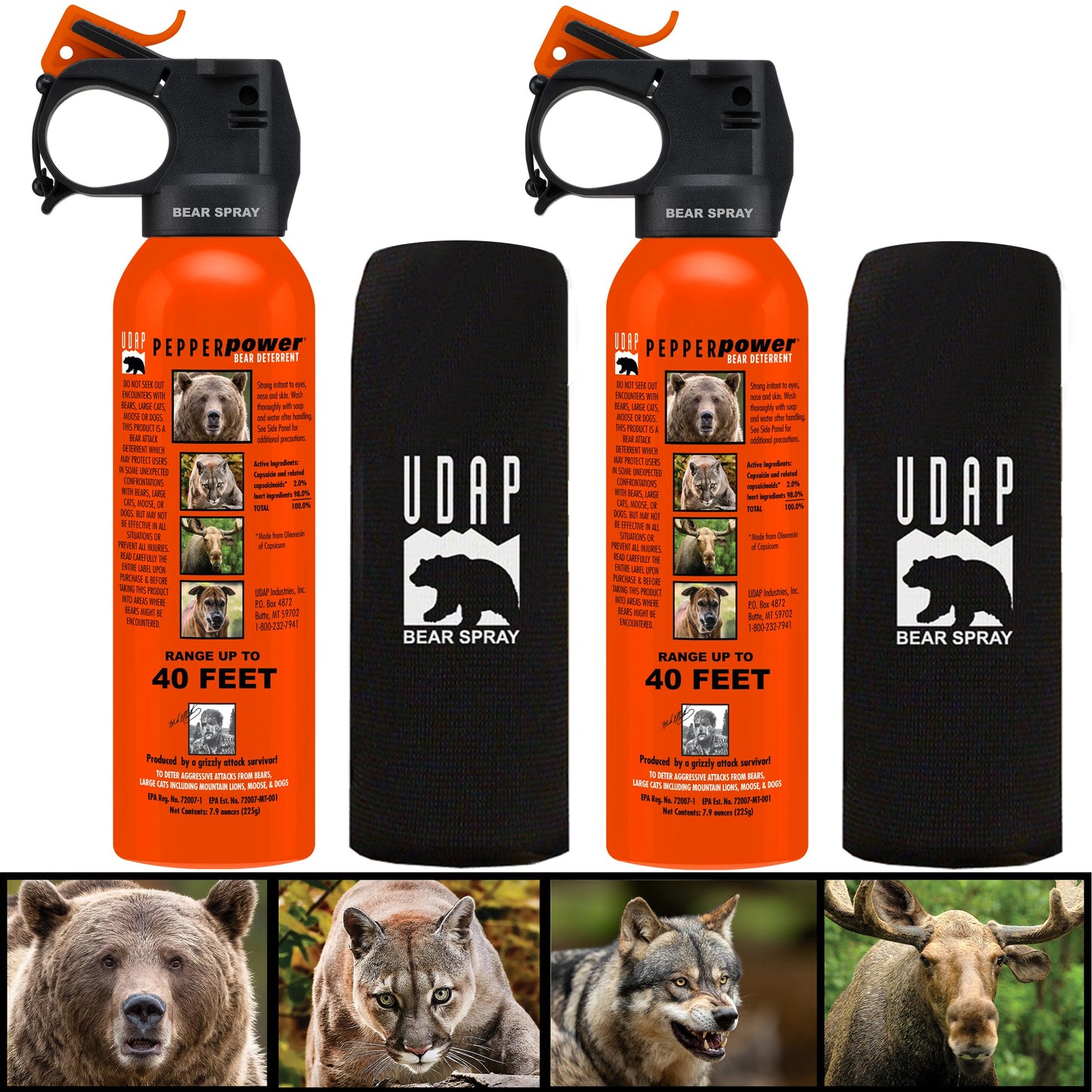 UDAP Pepper Power Bear Spray Self Defense Deterrent with Holster for Camping, Hiking, Fishing, Powerful Blast Pattern, 30 ft Fog Barrier, Safety Orange, SO2, 7.9 oz, 2 Pack