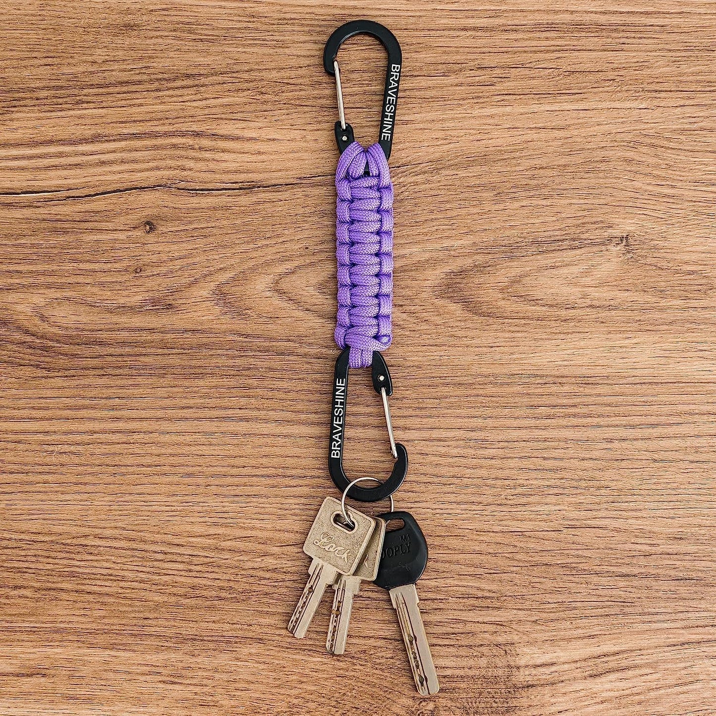 BRAVESHINE Carabiner Keychain Hook with Paracord Strap - 1 Purple 1 Green D Ring Key Clips Para Cord Lanyard Hanger Stroller Hooks for Water Bottle, Belt Loop Keys, Backpacks, Boys, Girls, Men, Women