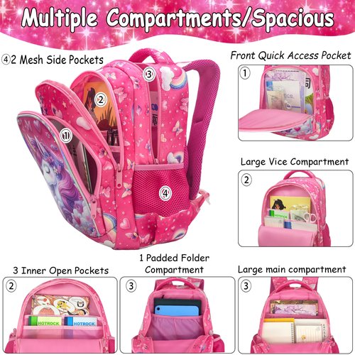 usmikeys Pink Unicorn Girls Backpack Cute Kids School Bag for Elementary Toddler Kindergarten Preschool, Children's Bookbag Travel Back Pack With Chest Strap 15"