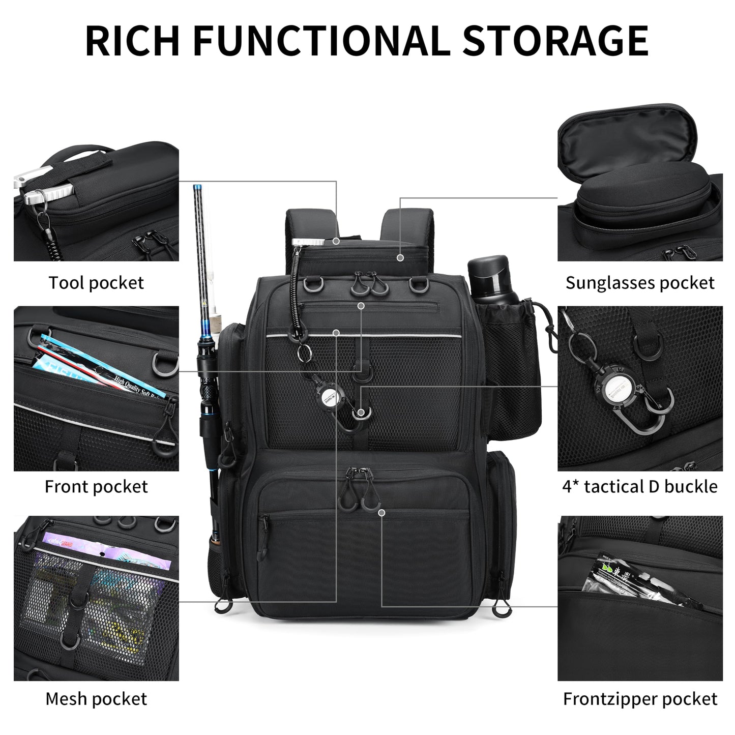 Rabjen Fishing Tackle Backpack with Rod Holders, Bottle Holder, Storage Bag Store Fishing Gear