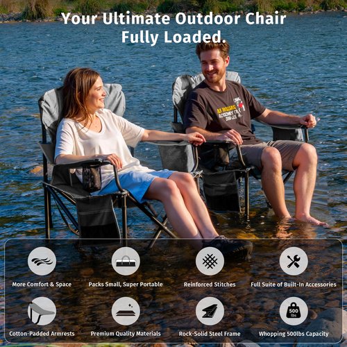EAST OAK Oversized Camping Chair | Heavy Duty Camping Chairs | 500LBS Support, 600D Oxford, Cup Holder & Side Pocket | Ideal for Camping, Beach, Sports Events, Backyard & Tailgating | Gray