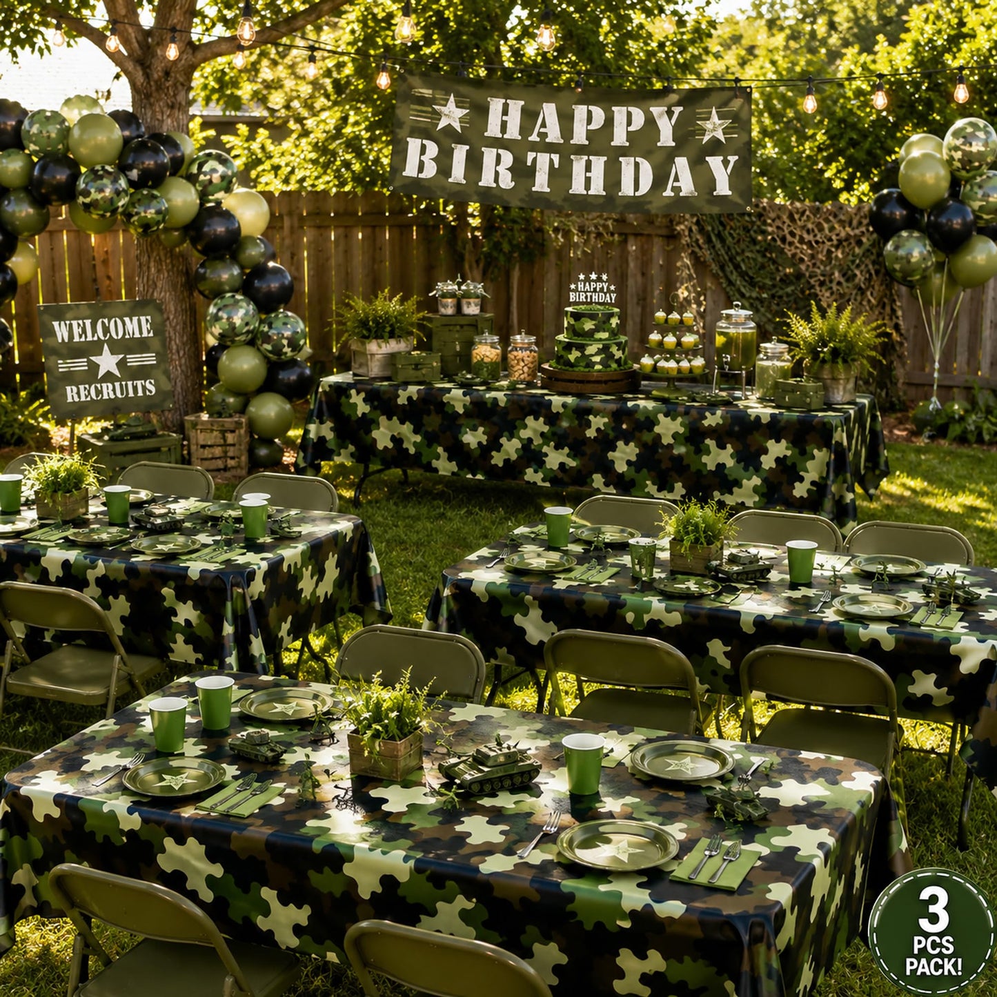 AnapoliZ Army Plastic Tablecloth | 3 Pcs Pack (54” Inch Wide x 102” Inch Long) | Rectangular Camouflage Table Cover | Military Party Table Decorations | Camo Party Plastic Table Cover