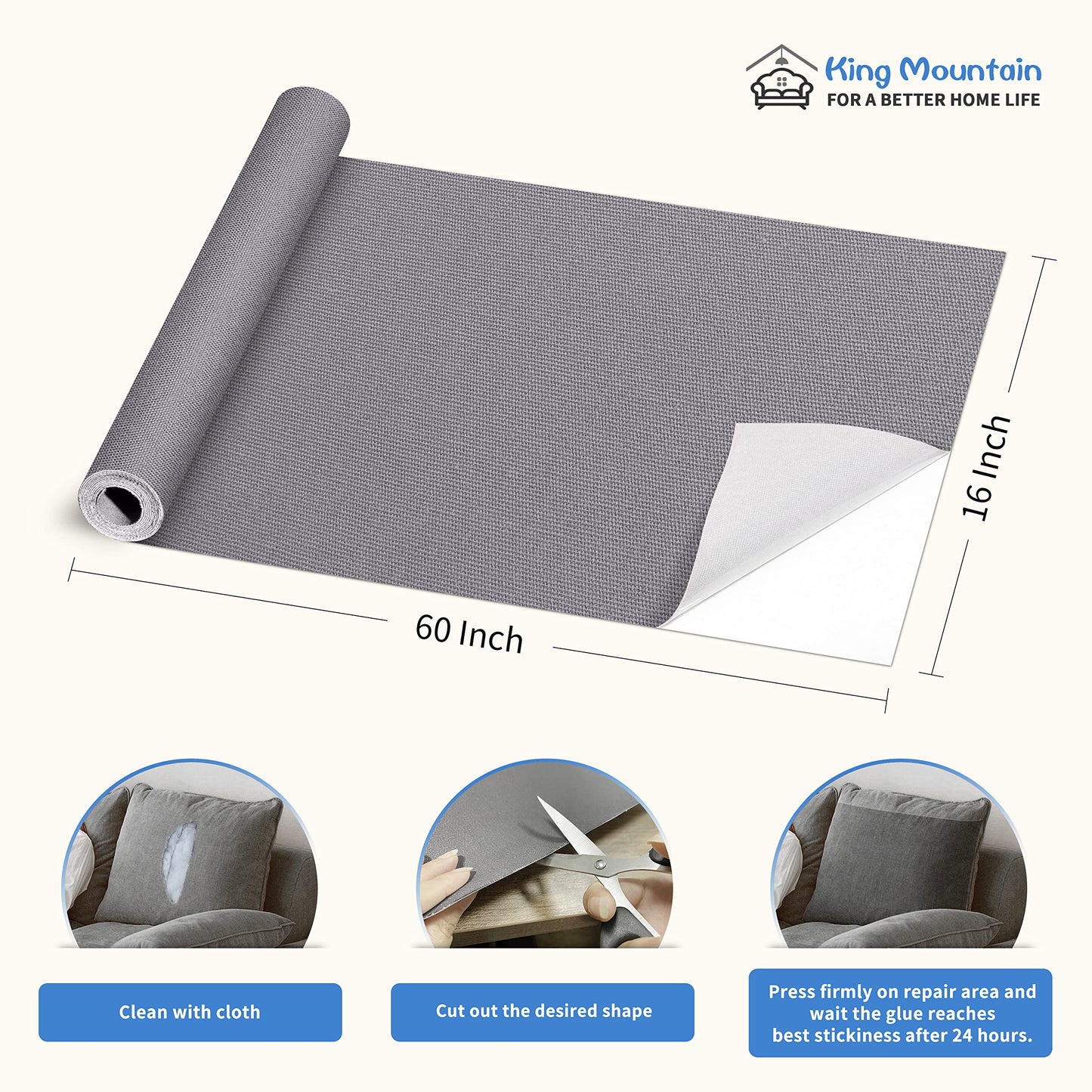 KING MOUNTAIN Canvas Repair Patch 16×60 Inch Self-Adhesive Waterproof Fabric Patch for Sofas, Tents, Furniture,Tote Bags, Car Seats (Grey)