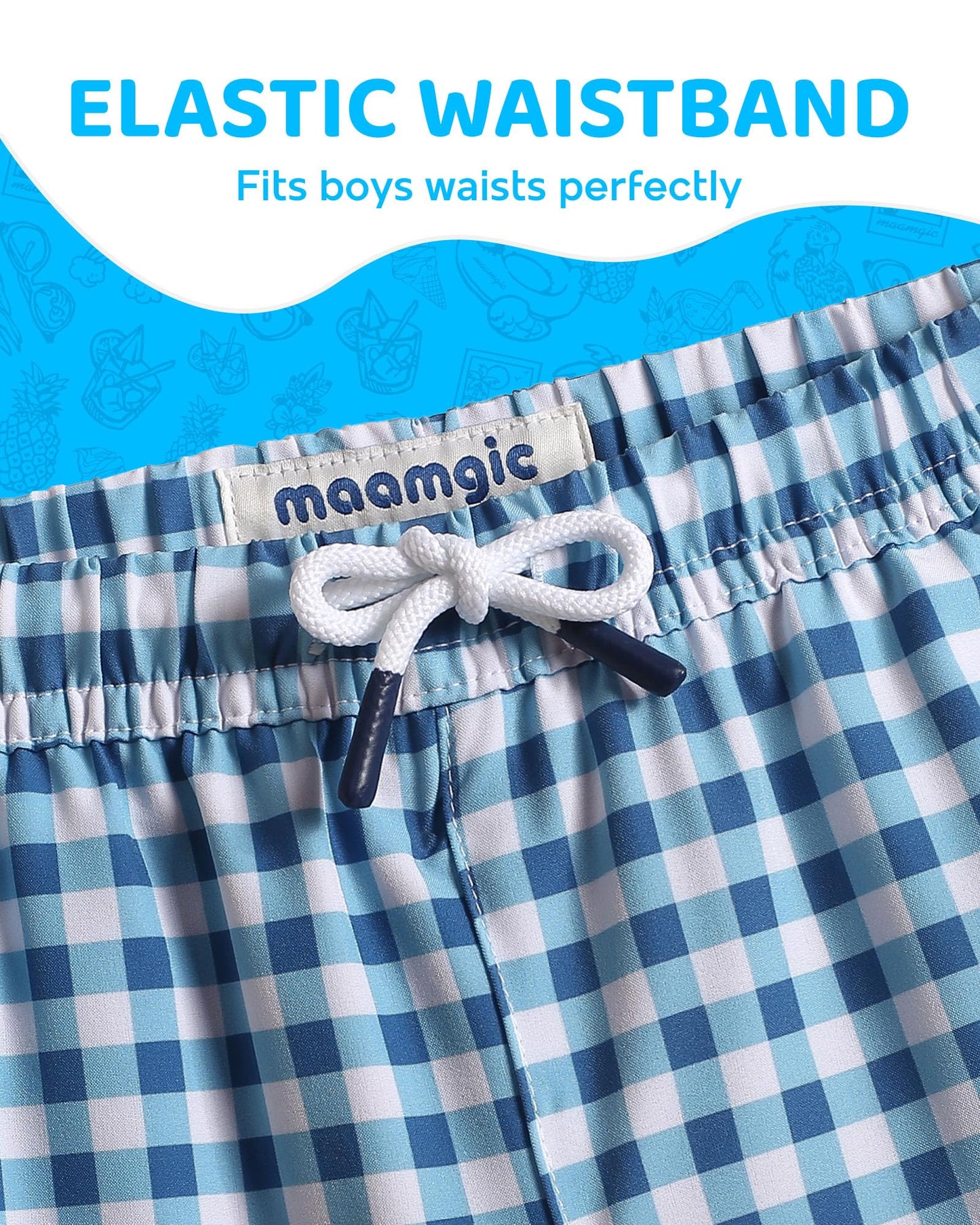 maamgic Boys Swim Trunks with Compression Liner Toddler Boy Swimsuit Quick Dry 4-Way Stretch Swimming Trunks Check Blue 7 Years
