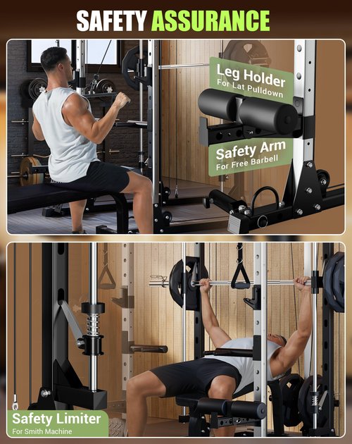 OutdoorVibe Smith Machine for Home Gym, 2200LBS Capacity Heavy Duty Power Cage with Cable Crossover System, All-in-One Home Gym System with Weight Storage & Multi-Functional Training Stations