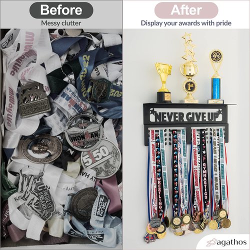 AGATHOS HOME Medal Hanger Display with Trophy Shelf - Metal Awards Rack for Walls Holds 64+ Sports Medals- Never Give Up 16" Medal Holder 4 Rows of Hanger Space and Deep 4" Shelf
