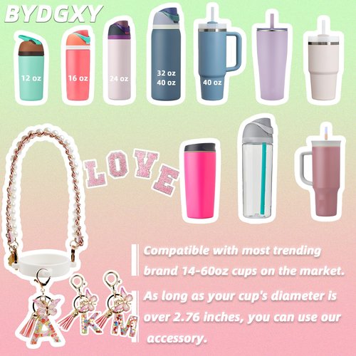Letter Accessories for Owala Water Bottles – 24oz 32oz 40oz, with Cute Initial Charm and Handle Strap, Compatible with Free Sip, Coffee Tumbler, Owala Kids , Sway, Stanley Cup Accessories (Pink A)