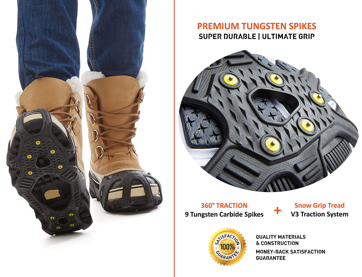 ICETRAX V3 Tungsten Crampons, Ice Cleats for Snow and Ice, Non-Slip Shoe Grippers with Reflective Heel S/M (Men: 5-9/ Women: 6.5-10.5)