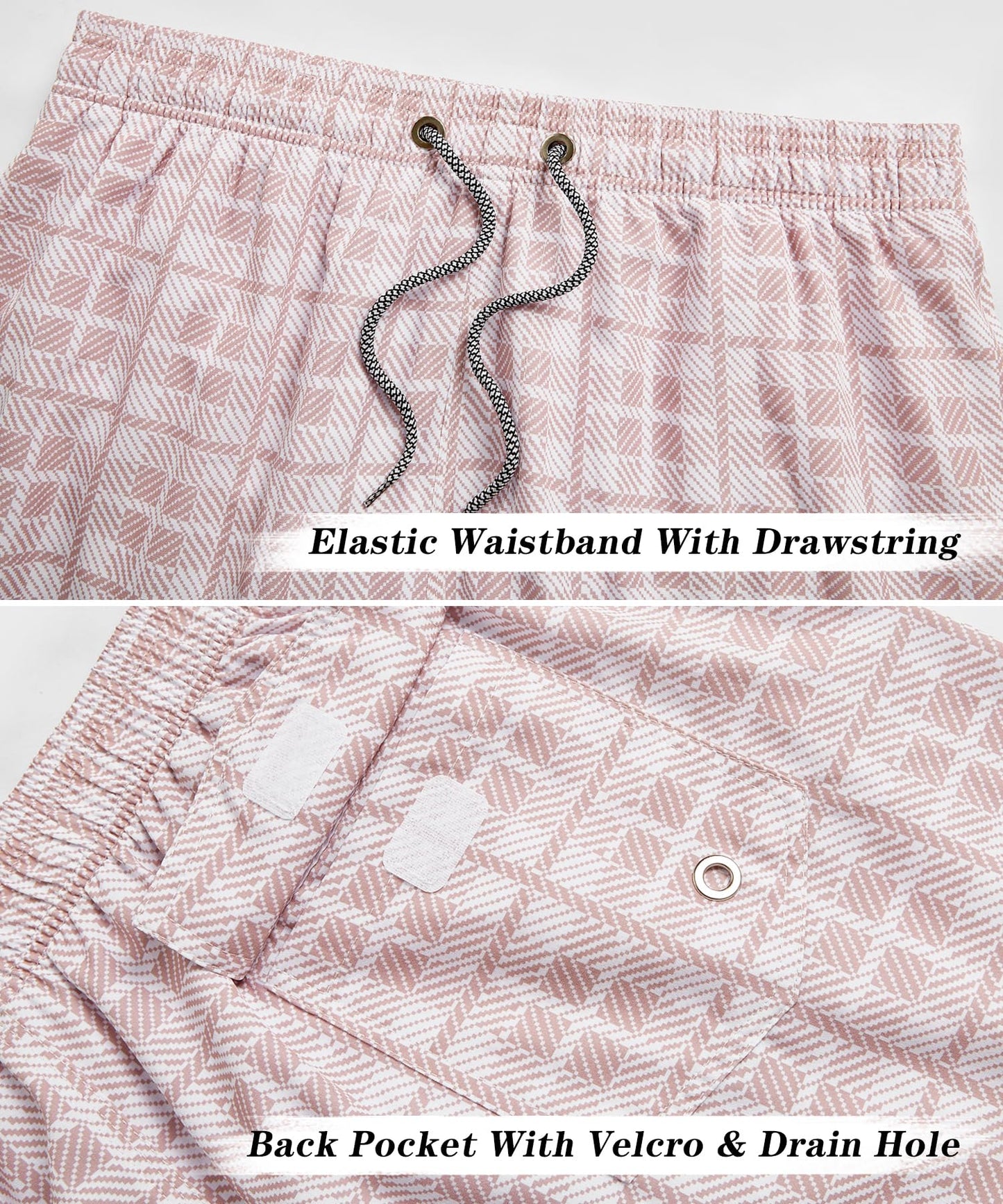 ELETOP Men's Swim Trunks Quick Dry Bathing Suit Swimming Board Shorts Mesh Lining Beach Swimwear Grid Pink 3XL