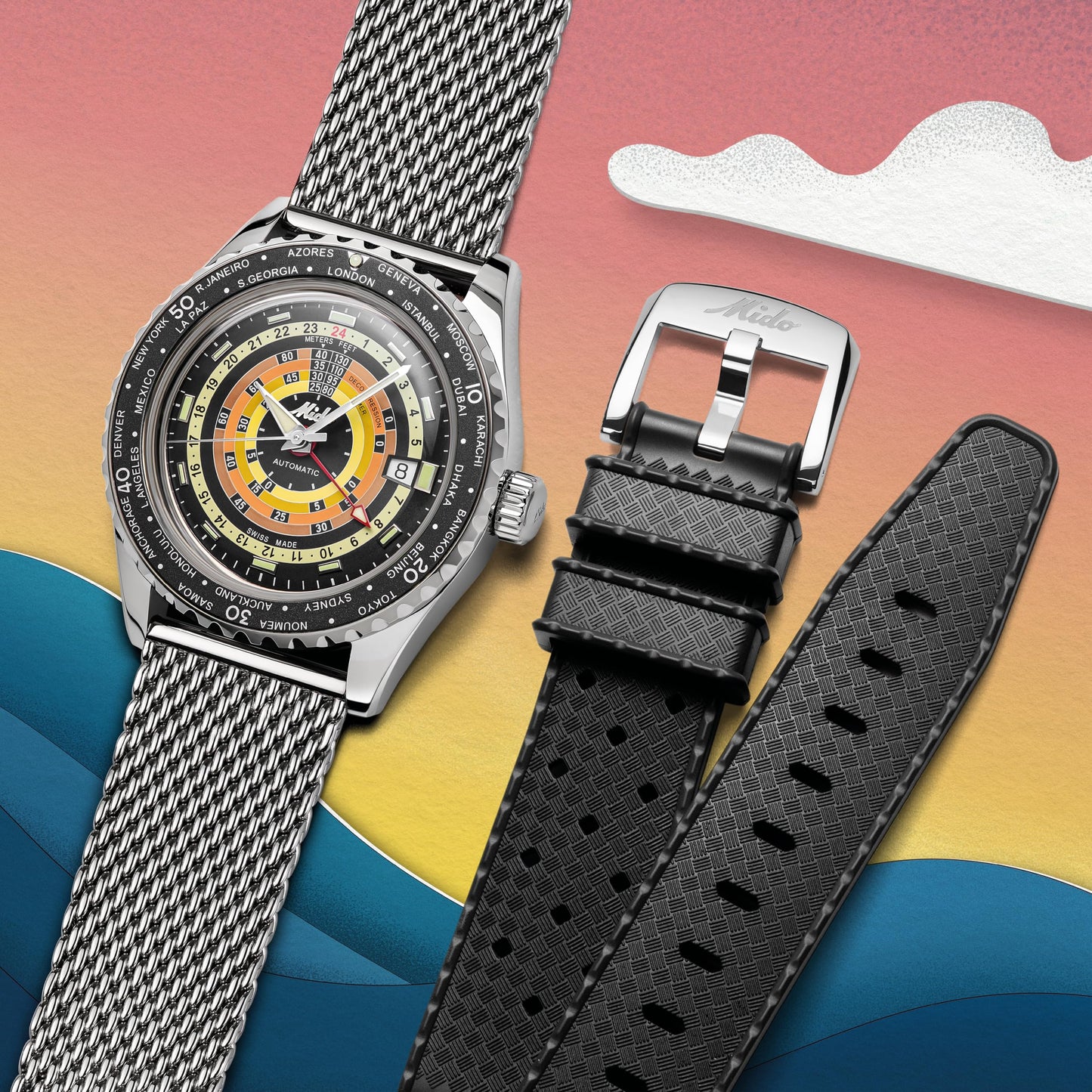 MIDO Ocean Star Decompression Worldtimer - Swiss Automatic GMT Watch for Men - Black Dial - Stainless Steel 40.5mm Case - M0268291705100