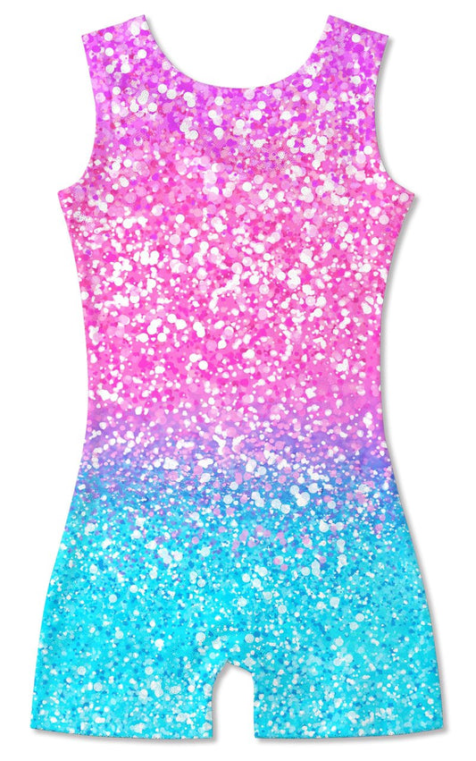 Funnycokid Gymnastics Leotards for Girls Dance Clothes Sparkly Outfits Unitard with Shorts, Diamond Shining Pink Blue, 7-8 Years