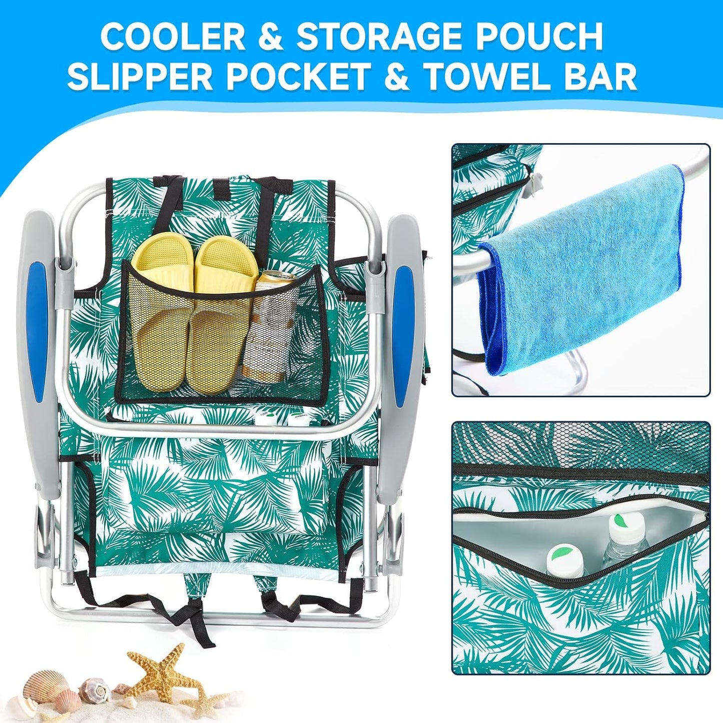 2 Pack Lightweight Portable Camping Beach Chair for Adults, Outdoor Lay Flat Folding Beach Chairs with 5 Positions, Backpack Beach Chair with Towel Bar, Zipper Pouch, Cup Holder, Ocean Striped