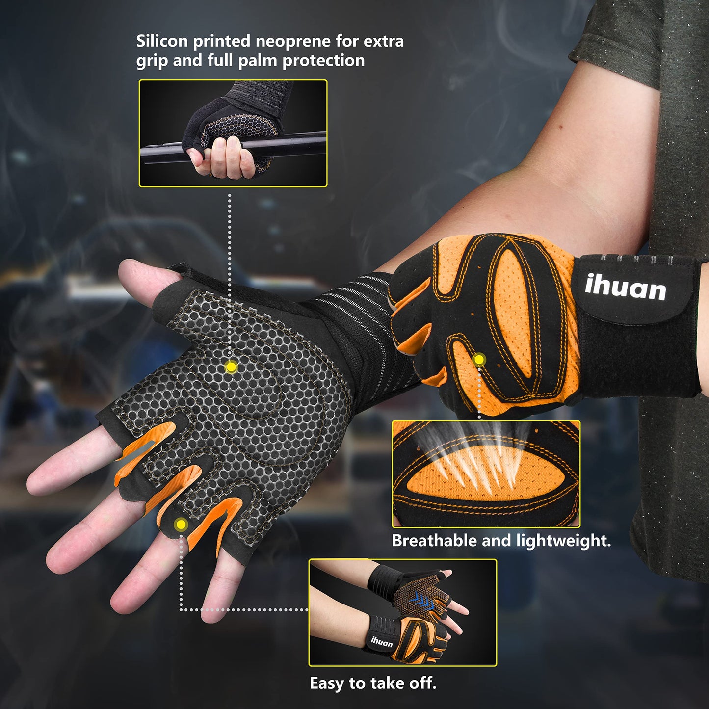 ihuan Ventilated Weight Lifting Gym Workout Gloves with Wrist Wrap Support for Men & Women, Full Palm Protection, for Weightlifting, Training, Fitness, Hanging, Pull ups (Orange, M)
