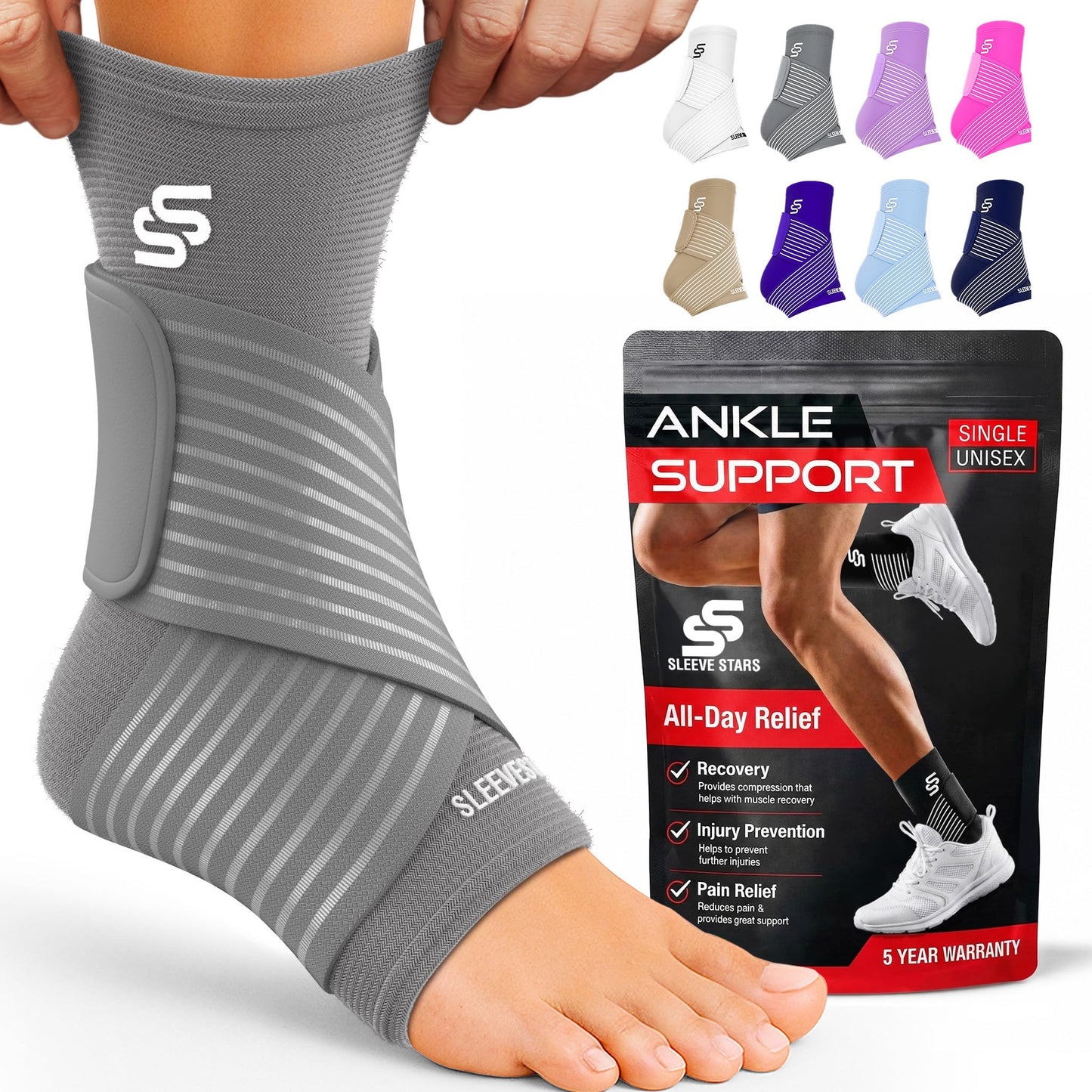 Sleeve Stars Ankle Brace for Women & Men, Ankle Wrap for Sprained Ankle, Compression Sleeve for Plantar Fasciitis Relief, Easy Customizable Support: w/Removable Strap (Single/S:9"-10"/Gray)