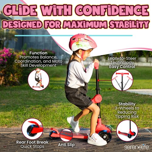 SereneLife 3 Wheel Foldable Kids Scooter - Foldable Seat, LED Wheel Lights, Adjustable Handlebar, Rear Foot Brake, Lean-to-Steer, Anti-Slip Deck, Ideal for Toddlers Kids 3+, up to 110Lbs, Red