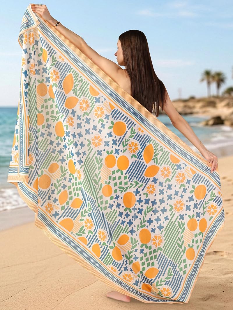 Citrus Pattern 100% Cotton Sarong Cover Up for Women – Indian Block Print Beach Wrap (73” x 43”)