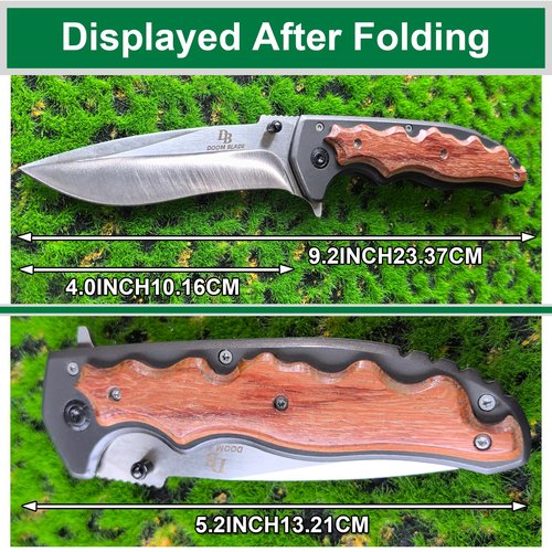 DOOM BLADE 9.7in Folding Pocket Stainless Steel Assisted Opening Knife with Pocket Clip,Seat Belt Cutter, Glass Breaker, Wood Handle for Men Women for Outdoor, Tactical, Survival and EDC