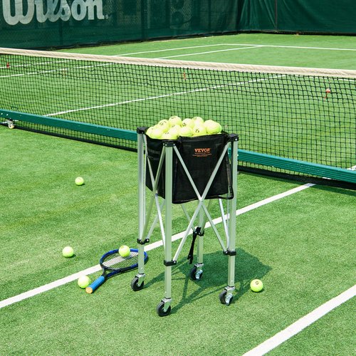 VEVOR Foldable Tennis Ball Hopper, Holds 150 Tennis Balls, Lightweight Aluminum Alloy Tennis Ball Basket Cart with Wheels, Removable Bag,Carry Bag, Portable Sports Teaching Cart for Tennis Player