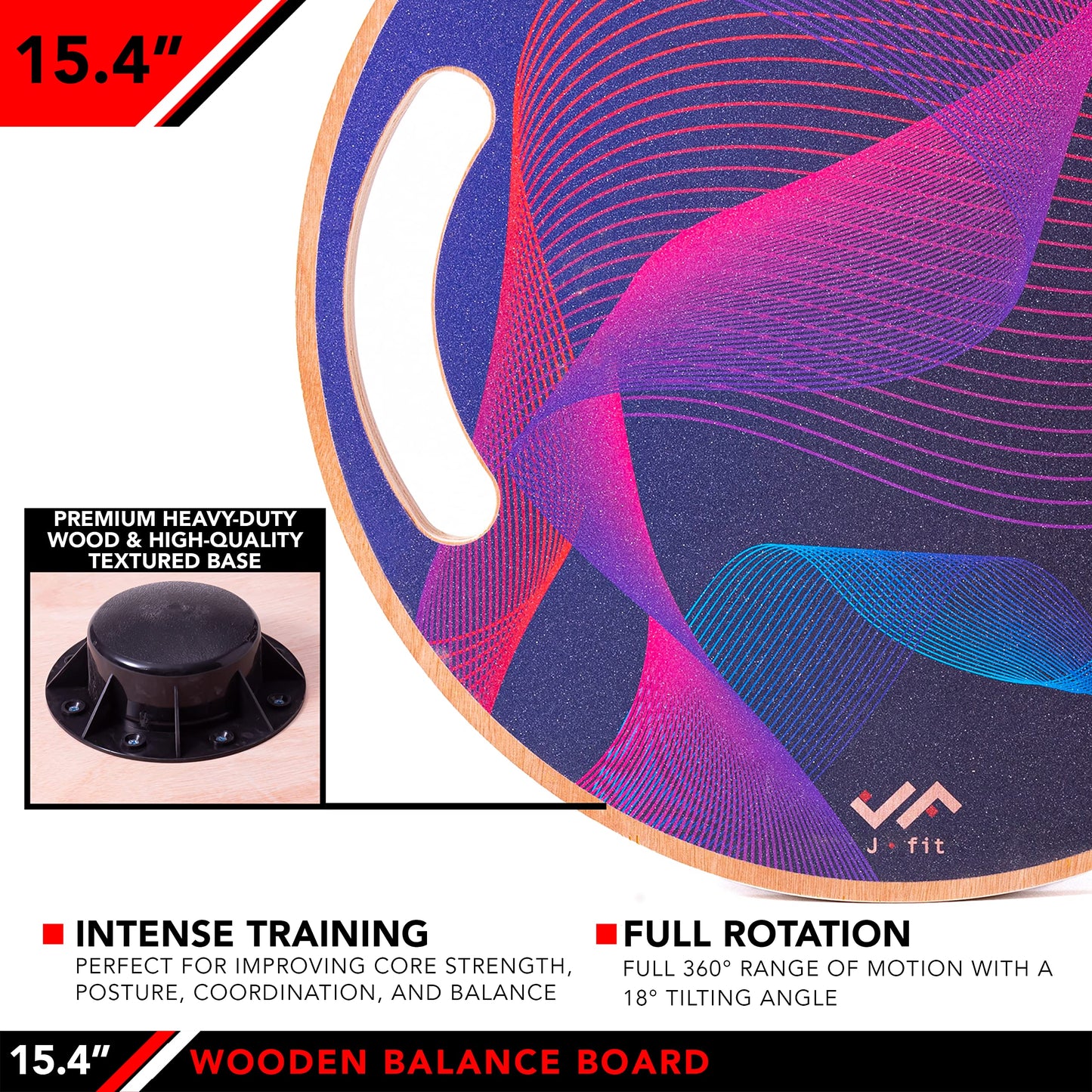 JFIT Wooden Balance Board, 15.75" Wobble Board for Balance, Coordination & Core Strength, Non-Slip Surface, Supports 300 lbs - Wave Design
