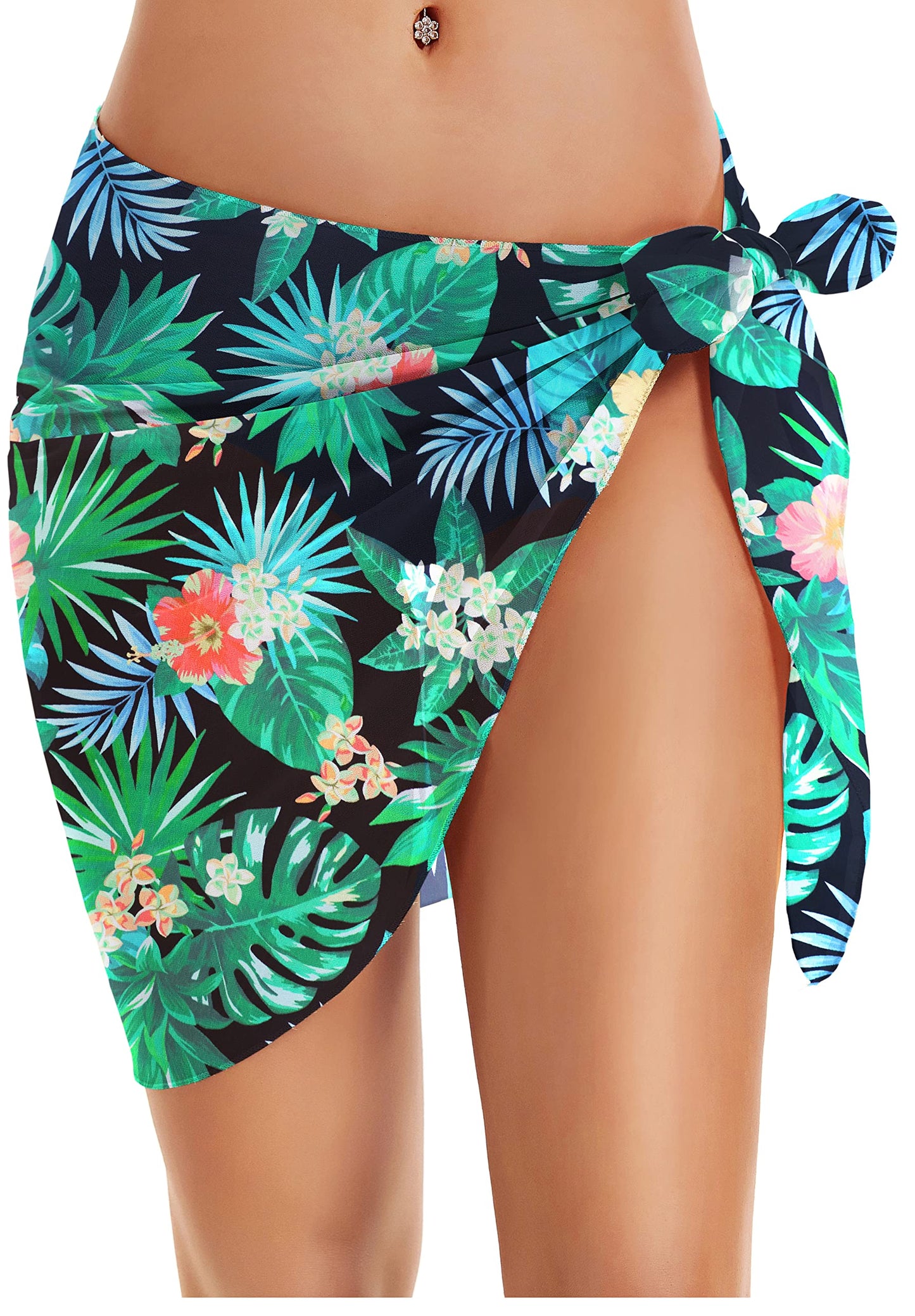 Swimsuit Coverups for Women Sarong Beach Bikini Wrap Sheer Short Skirt Chiffon Scarf for Swimwear (Green Floral Leaf,XL)