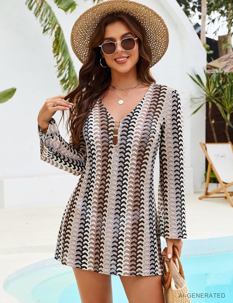 Boho Brown Medium Blooming Jelly Crochet Beach Cover Up - Hollow Out Swim Dress