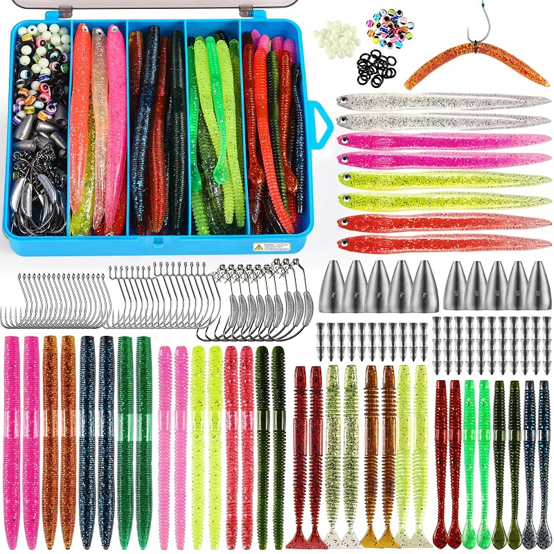 Plusinno 220PCS Wacky Worm Fishing Lure Kit with Tackle Box - Soft Plastic Lures, Hooks & Weights